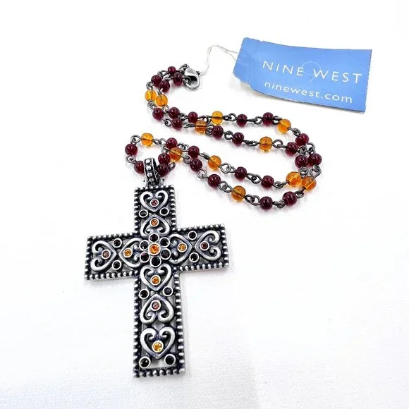 NWT - Nine West - Jeweled Heart Cross Silver Tone Red & Yellow Beaded 14” Choker - Picture 1 of 8